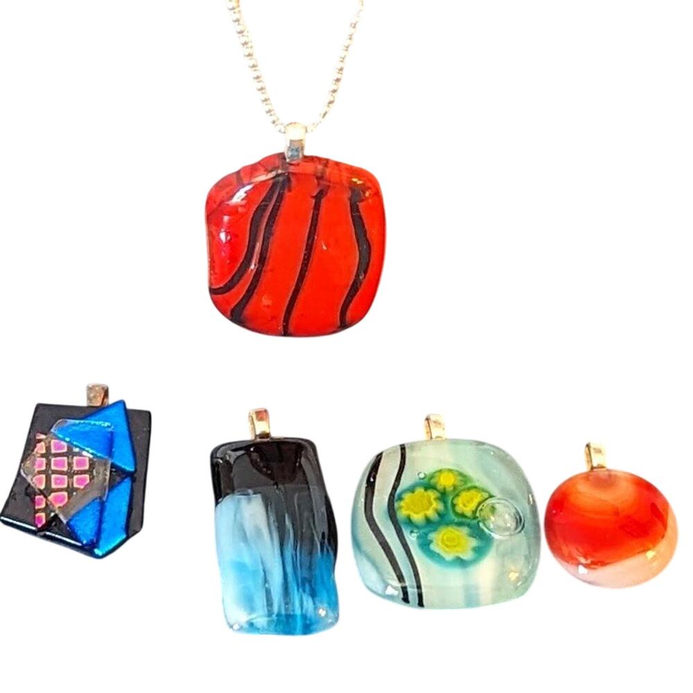 Five Fused Art Glass Pendants and a 925 Italy Bead Ball Chain